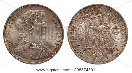 Germany German Silver Coin 2 Two Thaler Double Thaler Frankfurt Minted 1866 Isolated On White Backgr
