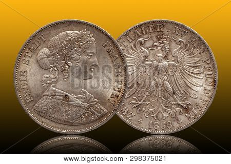 Germany German Silver Coin 2 Two Thaler Double Thaler Frankfurt Minted 1866 Isolated On Gradient Bac