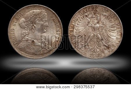 Germany German Silver Coin 2 Two Thaler Double Thaler Frankfurt Minted 1866 Isolated On Shadow Backg