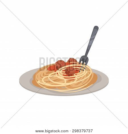 Pasta With Meatballs On A Plate. Vector Illustration.