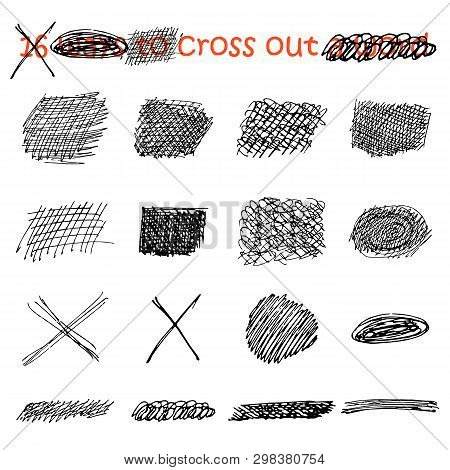 Vector Set Of Black Intersecting Lines Drawn By Hand In Ink. Abstract Narrow, Wide, Rectangular, Rou