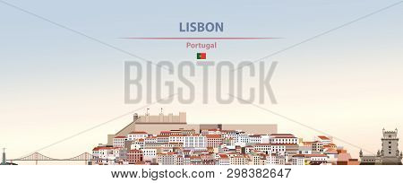 Vector Illustration Of Lisbon City Skyline On Colorful Gradient Beautiful Daytime Background