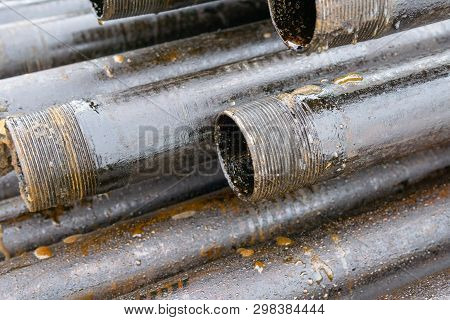 Offshore Industry Oil And Gas Production Petroleum Pipeline. Downhole Drilling Rig. Laying The Pipe 