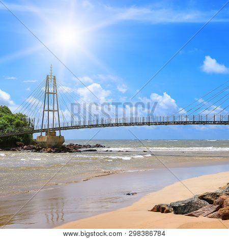 Modern Pedestrian Bridge On An Island In The Ocean . Matara. Sri Lanka.