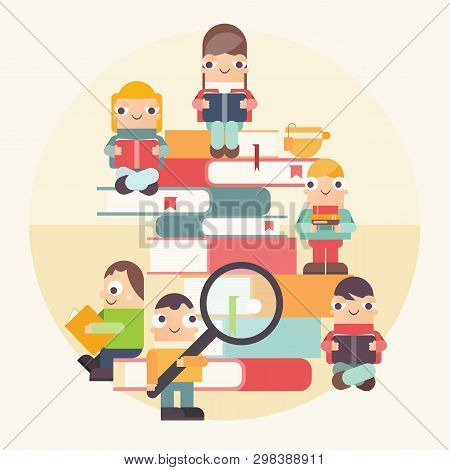 Poster For Book Festival, Fair, Reading Challenge. Small Characters Cartoon People Reading And Sitti
