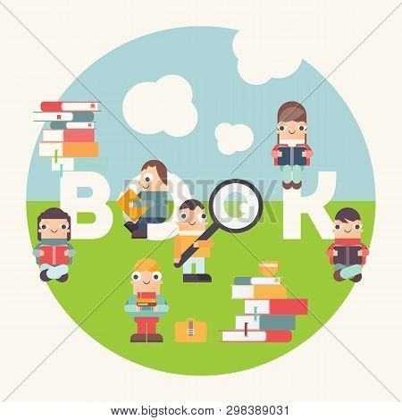 Poster For Bookstore And Book Festival Advertising. Small Funny Characters Cartoon Men And Girls Rea