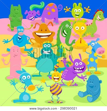 Cartoon Illustrations Of Monsters Or Aliens Comic Weird Fantasy Characters Group