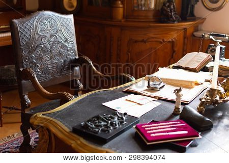 Radun Castle, Czech Republic, 7 April 2019 - Classic Old Office Room With Beautiful Wooden Chair And