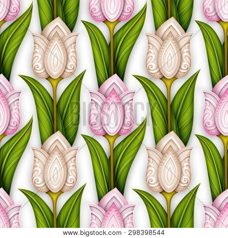 Colored Seamless Pattern With Tulips, Floral Motifs. Endless Texture With Flowers, Leaves And Swirls