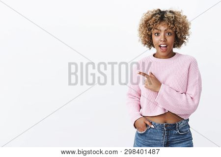 No Way, Awesome. Portrait Of Surprised And Impressed Charismatic Young African-american Cool Girl Wi