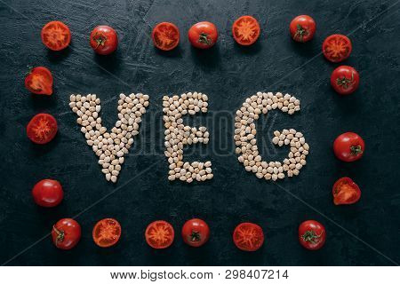 Food And Nutrition Concept. Horizontal Shot Of Dry Garbanzo In Form Of Letter Veg, Denoting Products