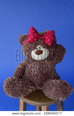Brown Teddy Bear With A Red Bow On A Wooden Chair