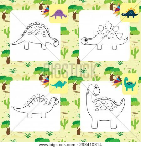 Funny Cartoon Dinosaurs Collection. Coloring Book. Vector Illustration