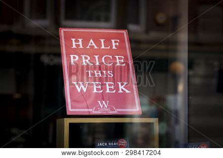 Waterstones Book Shop Half Price Sign In The Nottingham Store, Nottingham, Nottinghamshire, Uk - 5th