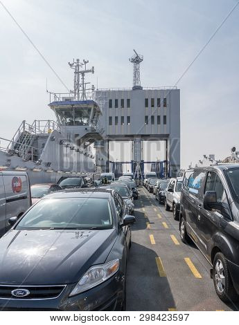 London, Uk - 15 April 2018: Cars Onboard The Free Woolwich Ferry Across The Thames In London