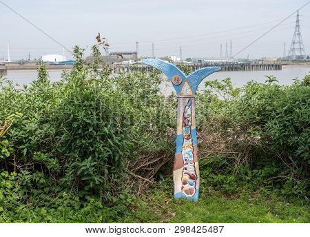 London, England - 21 April 2019: Illustrative Signpost On Thames Path National Trail Near Woolwich