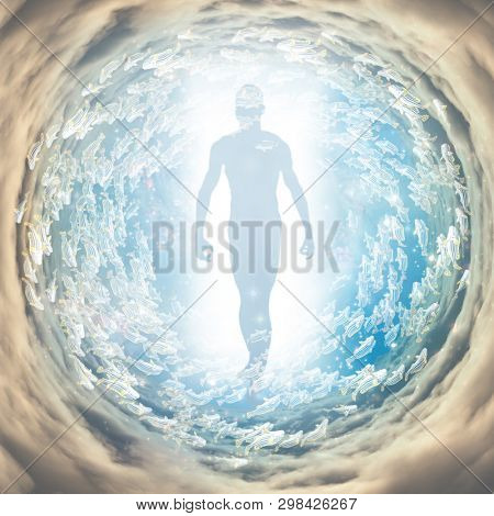 Human figure coming out of light tunnel. 3D rendering