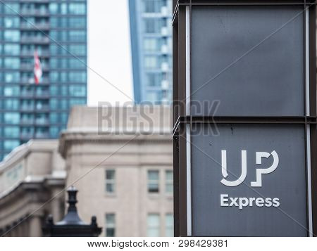 Toronto, Canada - November 13, 2018: Up Express Logo In Front Of Union Station In Dowtown Toronto. U