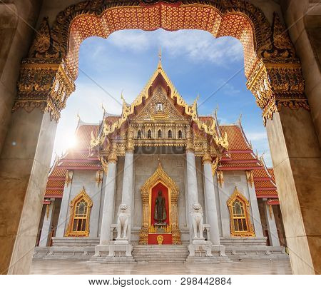 The Marble Temple Or Wat Benchamabophit Dusit Wanaram In Morning Time With Sun Beam On Top Of Church