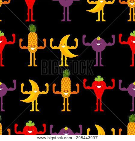 Strong Fruit Pattern Seamless. Fresh Fruits Background. Powerful Banana And Strawberry. Ananance And