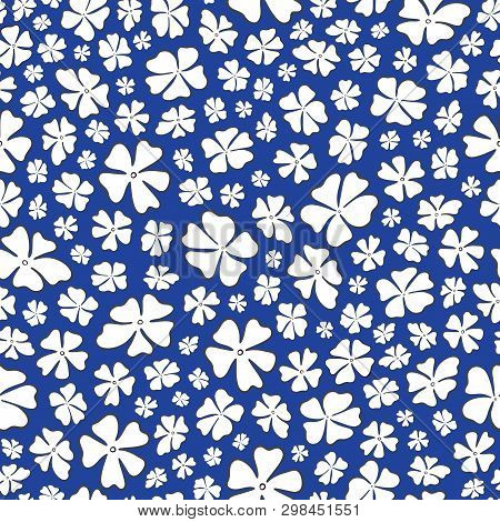 Seamless Repeat Pattern Of Stylized White Outlined Flowers On A Dark Blue Background. A Pretty Tosse