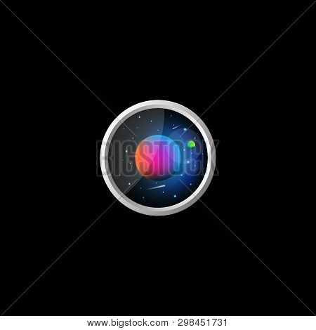 Space Landscape Icon Illustration Of A Futuristic Exoplanet With A Satellite Stars Sky Background Wi