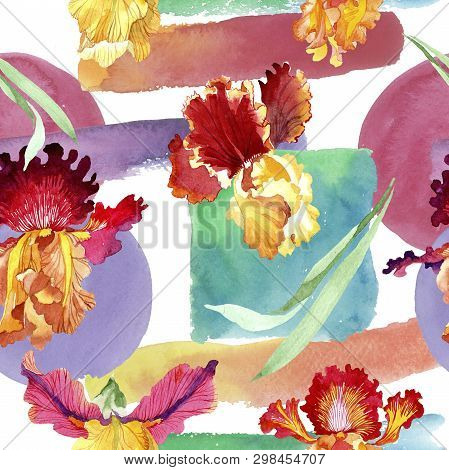 Red Bold Encounter Iris Floral Botanical Flowers. Watercolor Background Illustration Set. Seamless B