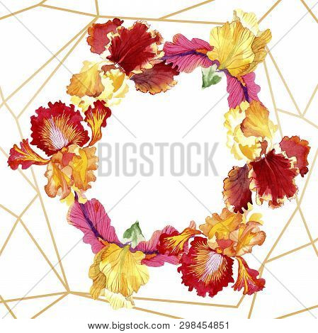 Red Bold Encounter Iris Floral Botanical Flowers. Watercolor Background Illustration Set. Frame Bord