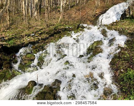 Water Supply Flowing Source Tschuder With Waterfall And Karst Spring Or Karstquelle Tschuder, Schwen