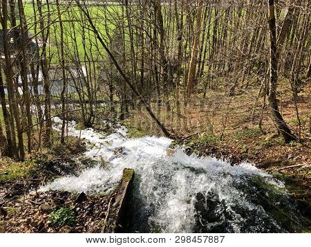 Water Supply Flowing Source Tschuder With Waterfall And Karst Spring Or Karstquelle Tschuder, Schwen