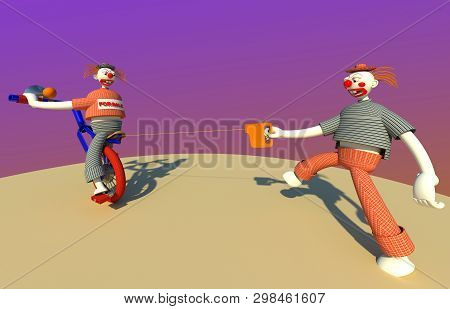Clown Characters Performance On Circus Arena 3d Illustration. One Is Riding Mono Cycle, The Other Co