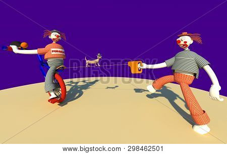 Clown Characters Performance On Circus Arena 3d Illustration 2. One Is Riding Mono Cycle, The Other 