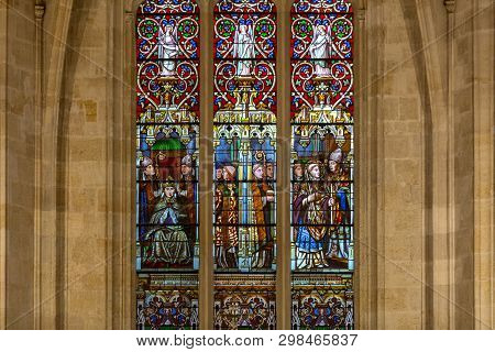 Bordeaux, France - September 9, 2018: Stained Glass Window At  Saint-eloi Church,  French Heritage M