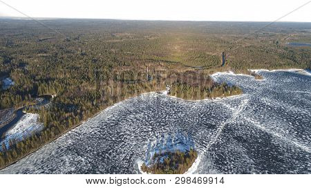 Aerial View On River With Melting Ice, Sunny Spring Weather With Snow.