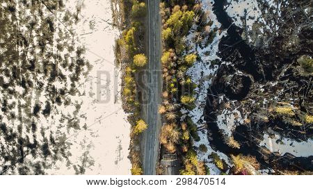 Aerial View Of Spring Rural Road In Yellow Pine Forest With Melting Ice Lake