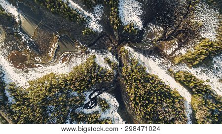 Aerial View On Wild Nature Rural Forest With Lake And Snow Melting In Spring