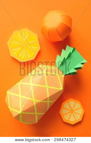 Fruit Made Of Paper. Orange Background. Theres Room For Writing.