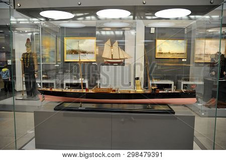 St. Petersburg, Russia-october 25, 2018: Model Ship At The Navy Museum