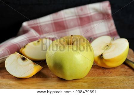 Yellow Apples Varieties Antonovka On A Plate-autumn Harvest