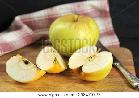 Yellow Apples Varieties Antonovka On A Plate-autumn Harvest