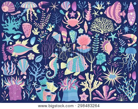 Underwater Sea Flora And Fauna Set With Algae, Corals, Fishes, Shells, And Medusas On Dark Backgroun