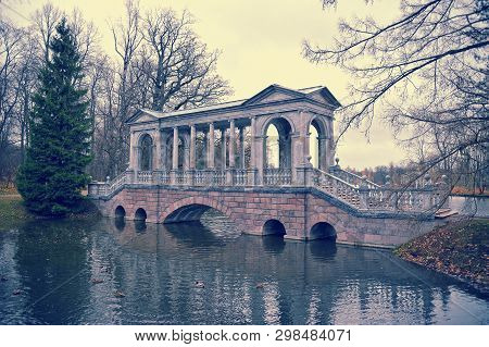Marble Bridge In Catherine Park At Tsarskoe Selo In Autun. Pushkin Town. Saint Petersburg. Russia