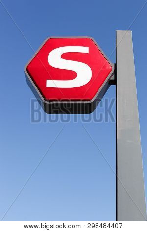 Copenhagen, Denmark - April 2, 2019: The Copenhagen S-train Sign On A Pole. The S-train Of Copenhage