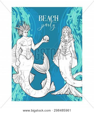 Beach Party Invitation With Couple Of Mermaid And Merman And Marine Waves Background. Vector Illustr