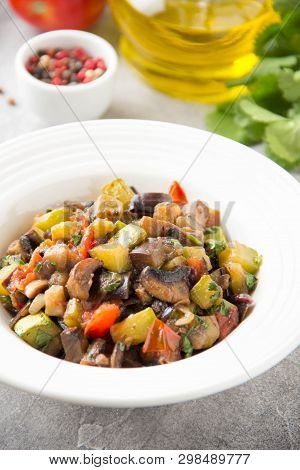 Vegetable Stew With Eggplant, Zucchini, Tomatoes, Onions, Mushrooms, Garlic And Cilantro. Vegetarian