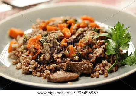 Healthy Food. Buckwheat With Meat And Vegetables - Buckwheat Porridge With Stewed Meat And Carrots O