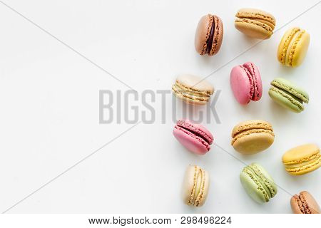 Brignt Macarons For Sweet Break On White Background Top View Mock Up