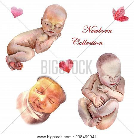 Watercolor Newborn Sleeping Babies In The Different Poses