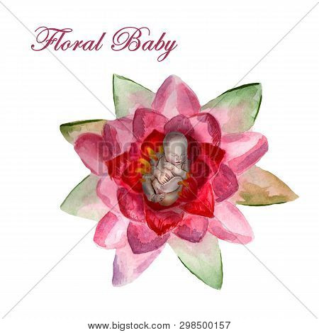 Watercolor Newborn Sleeping Baby In The Flower Lotus