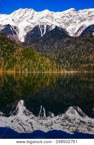 Lake Riza. Abkhazia. Nature Background Summer. Sea Horizon. Mountains Of Abkhazia. Black Sea. Summer
